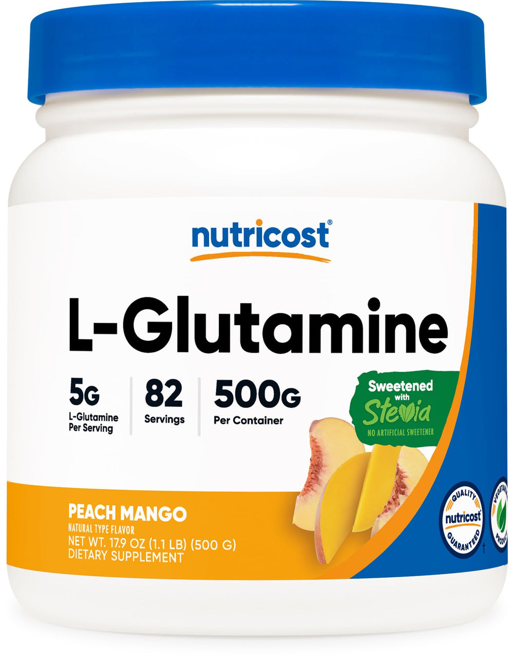 Nutricost L-Glutamine Peach Mango 500g container front view
