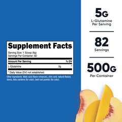 Label and nutrition facts for Nutricost L-Glutamine Peach Mango 500g