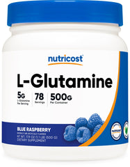 Nutricost L-Glutamine Powder Blue Raspberry 500g bottle