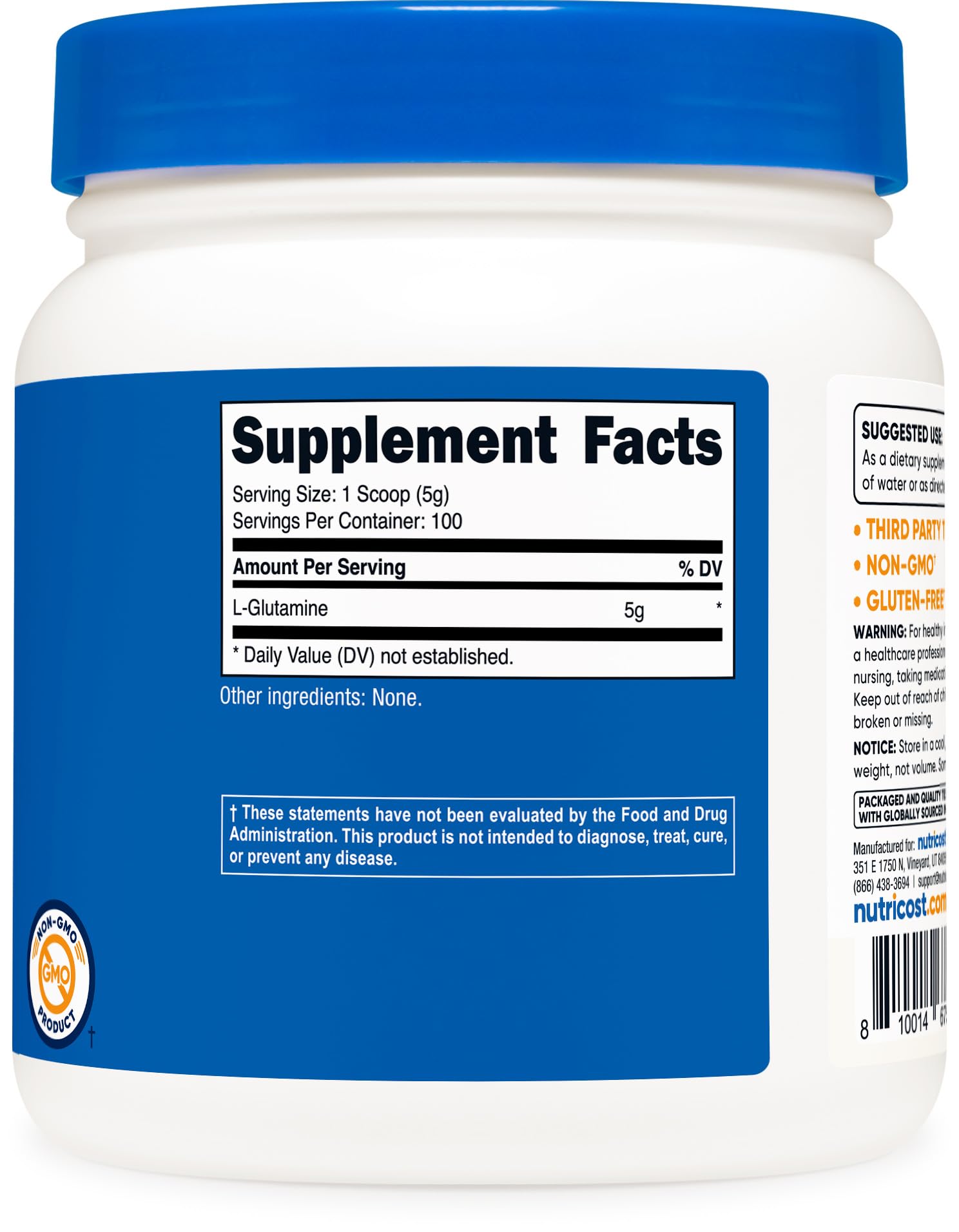 Packaging of Nutricost L-Glutamine powder signals NSF and GMP compliant production.