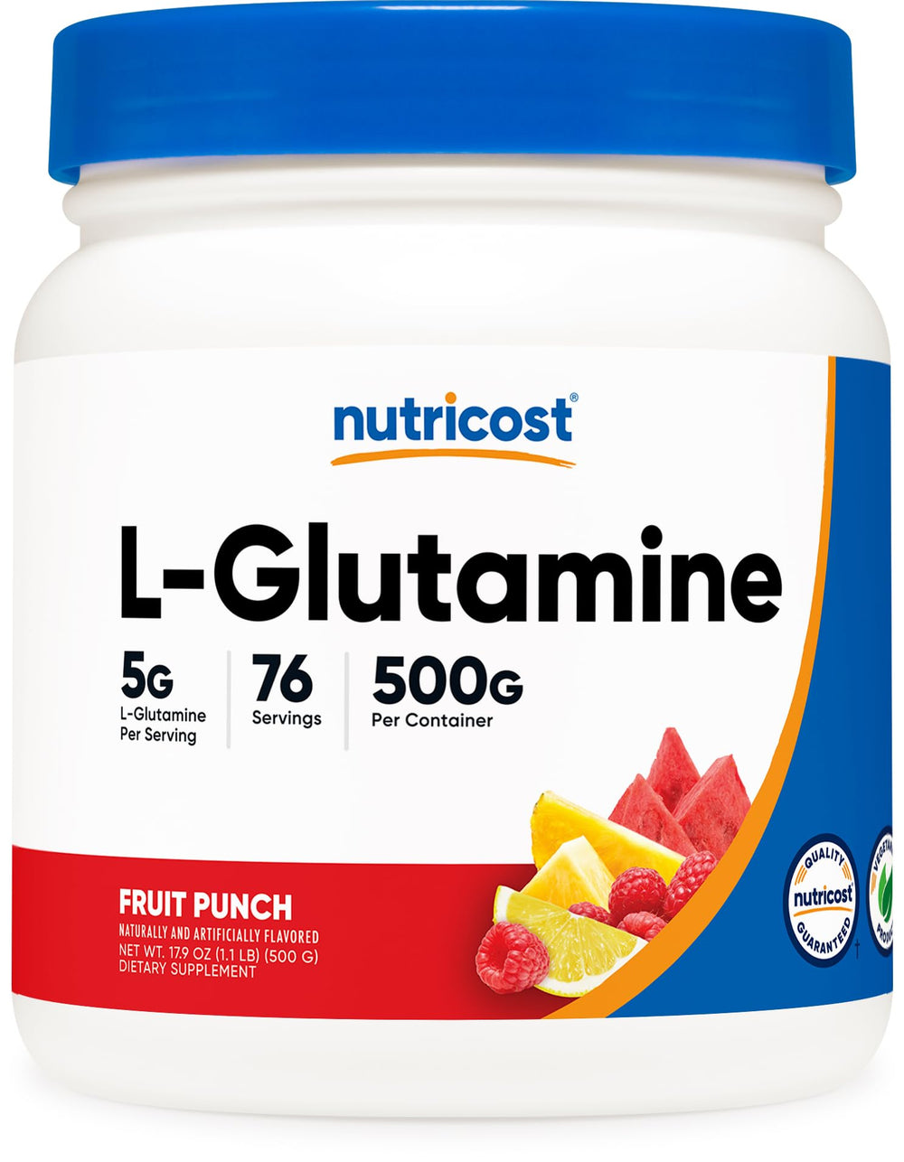 Nutricost L-Glutamine Powder Fruit Punch 500g bottle label