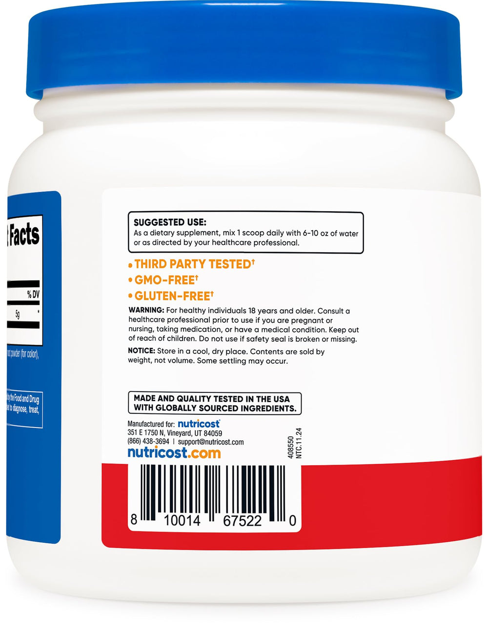 Nutrition facts and fruit punch flavor on Nutricost packaging