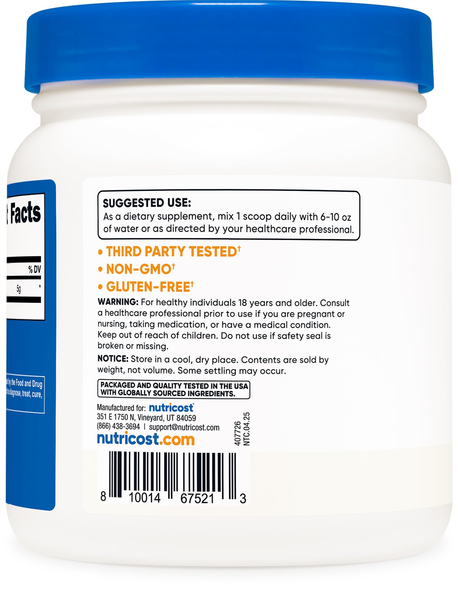 Nutricost L-Glutamine 500g packaging and label