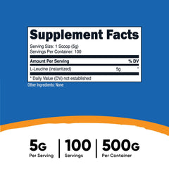 Serving scoop of Nutricost L-Leucine Powder with 5 g per serving