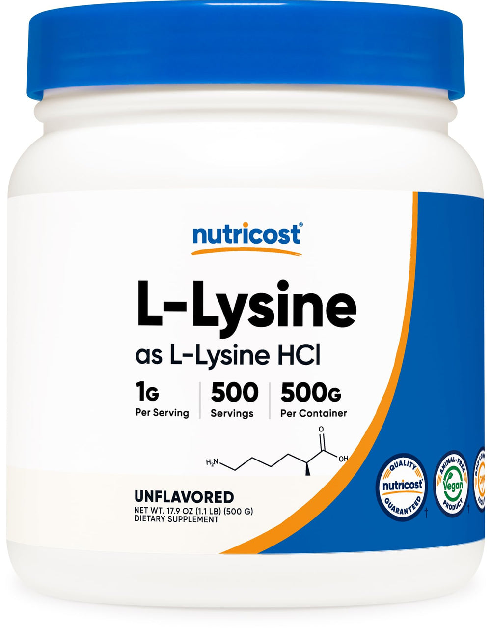 Front label of Nutricost L-Lysine powder 500 g