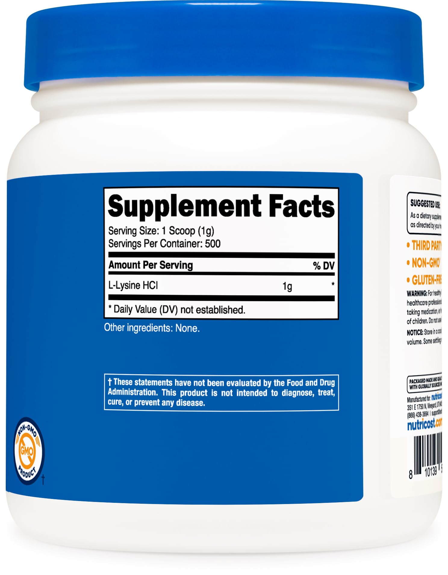 Supplement facts and ingredients panel on Nutricost L-Lysine powder