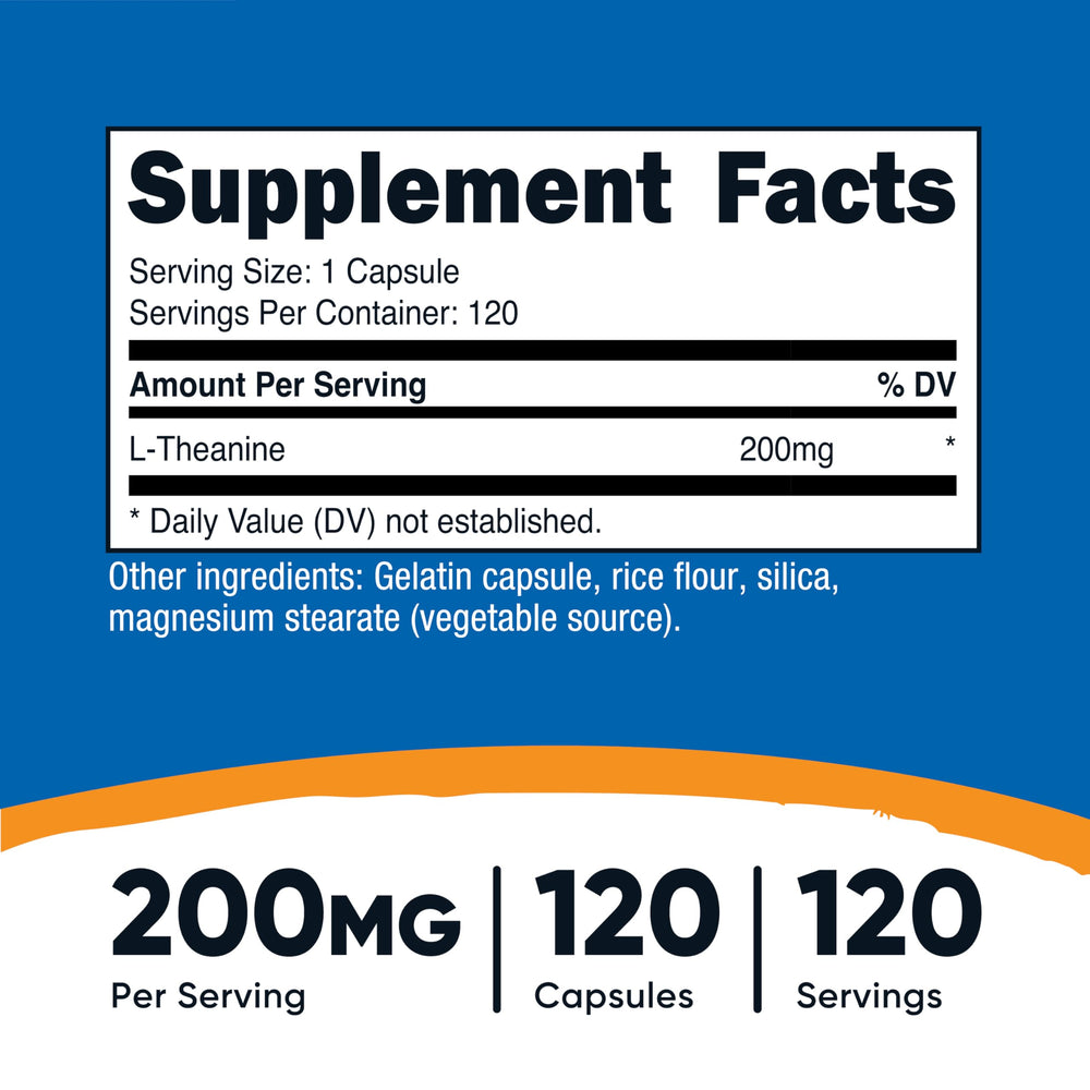Close-up of Nutricost L-Theanine bottle and 200mg per serving