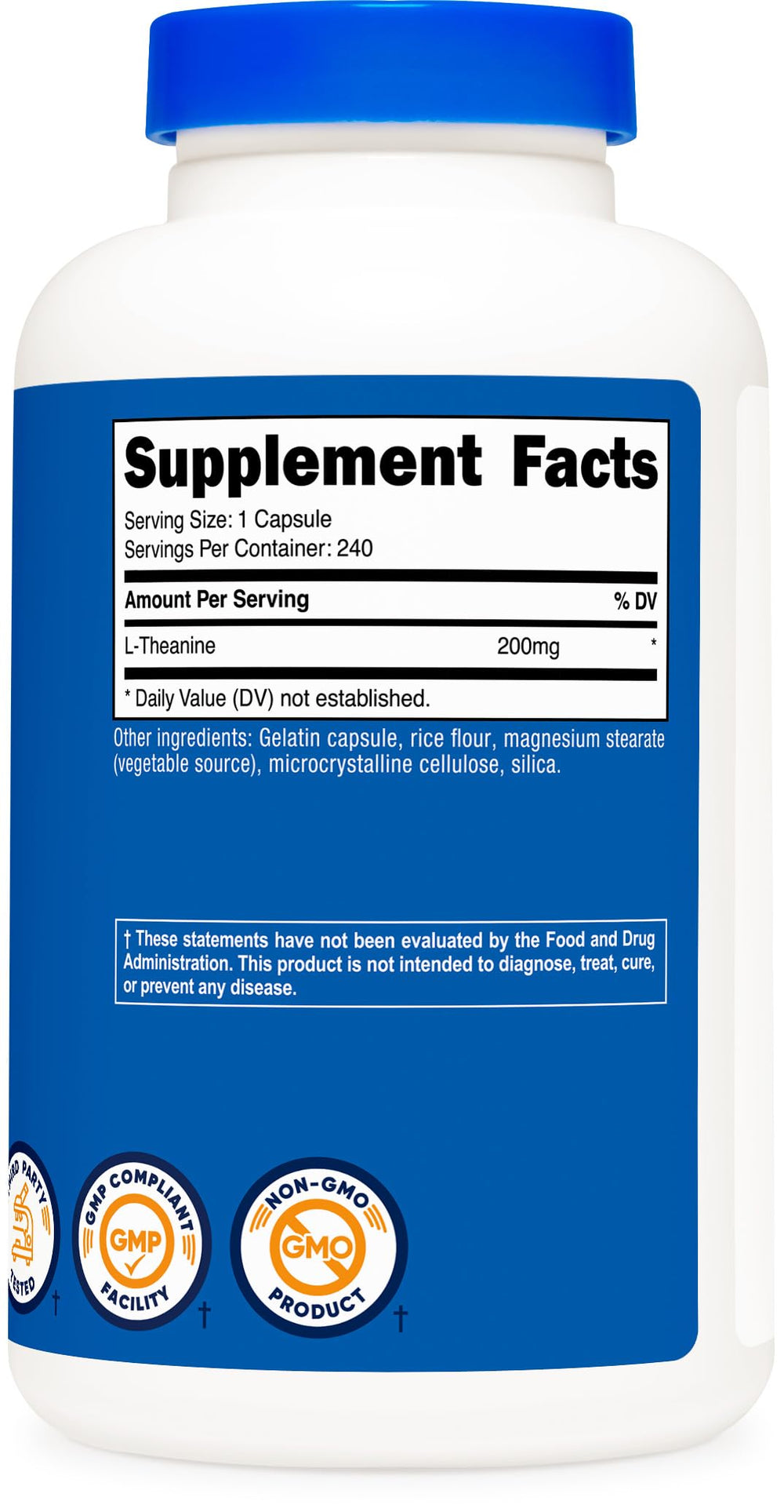 Nutricost L-Theanine 200mg bottle top with secure cap for travel.