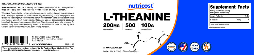 Serving scoop with L-Theanine powder and nutrition label
