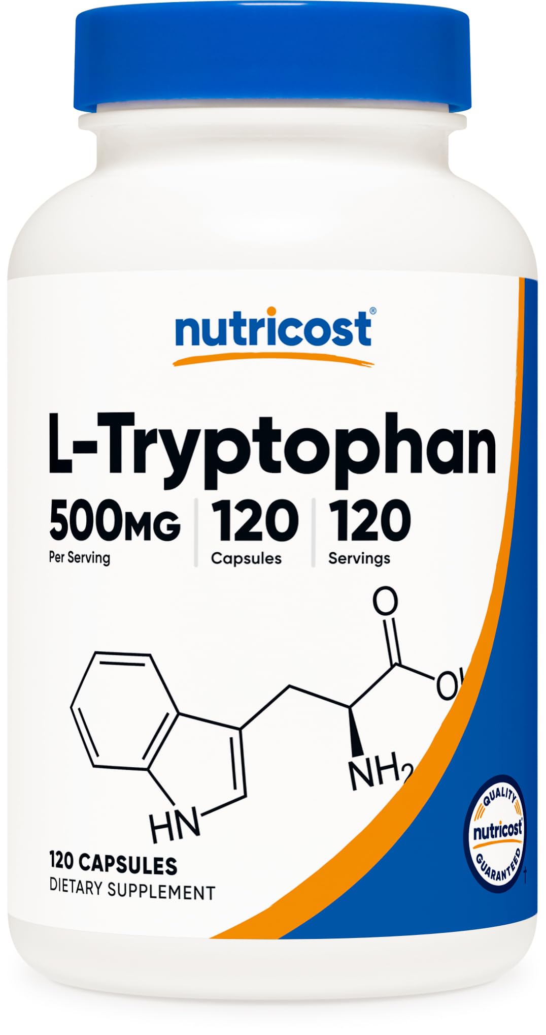 Front view of Nutricost L-Tryptophan 500mg bottle with 120 capsules
