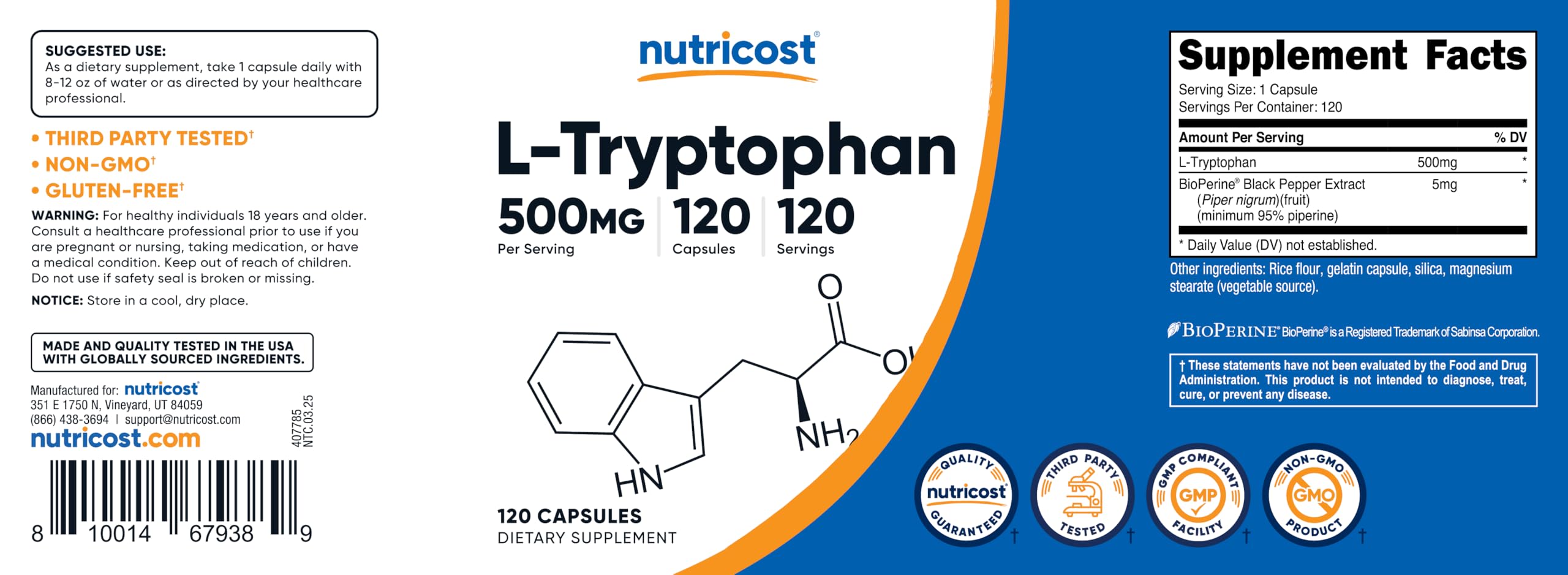 Close-up of Nutricost L-Tryptophan 500mg bottle cap