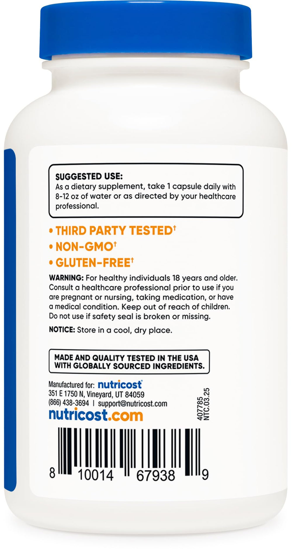 Label showing ingredients for Nutricost L-Tryptophan 500mg