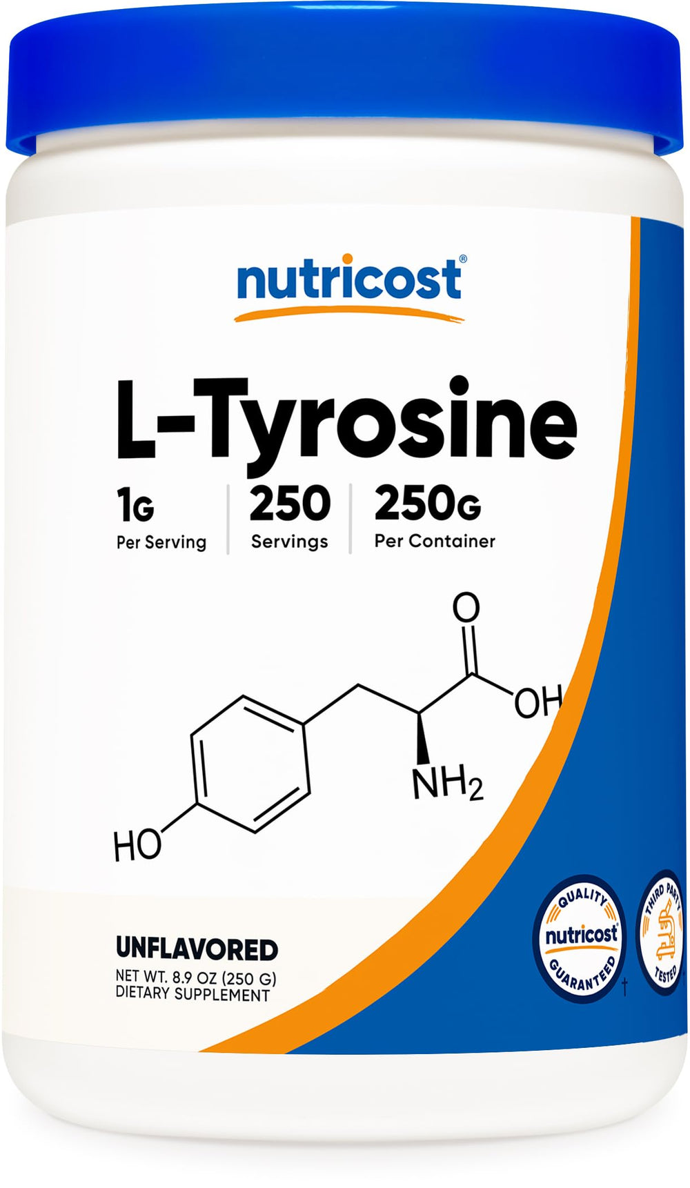 Front view of Nutricost L-Tyrosine 250g bottle