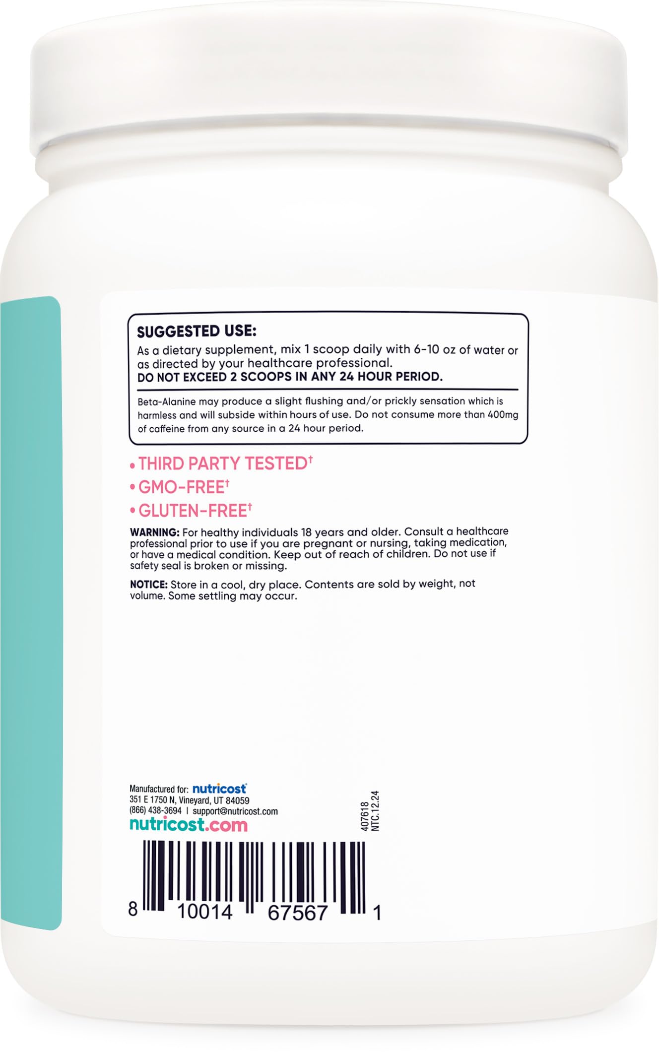 Nutricost label ISO-certified testing highlights quality assurance for safe supplementation.