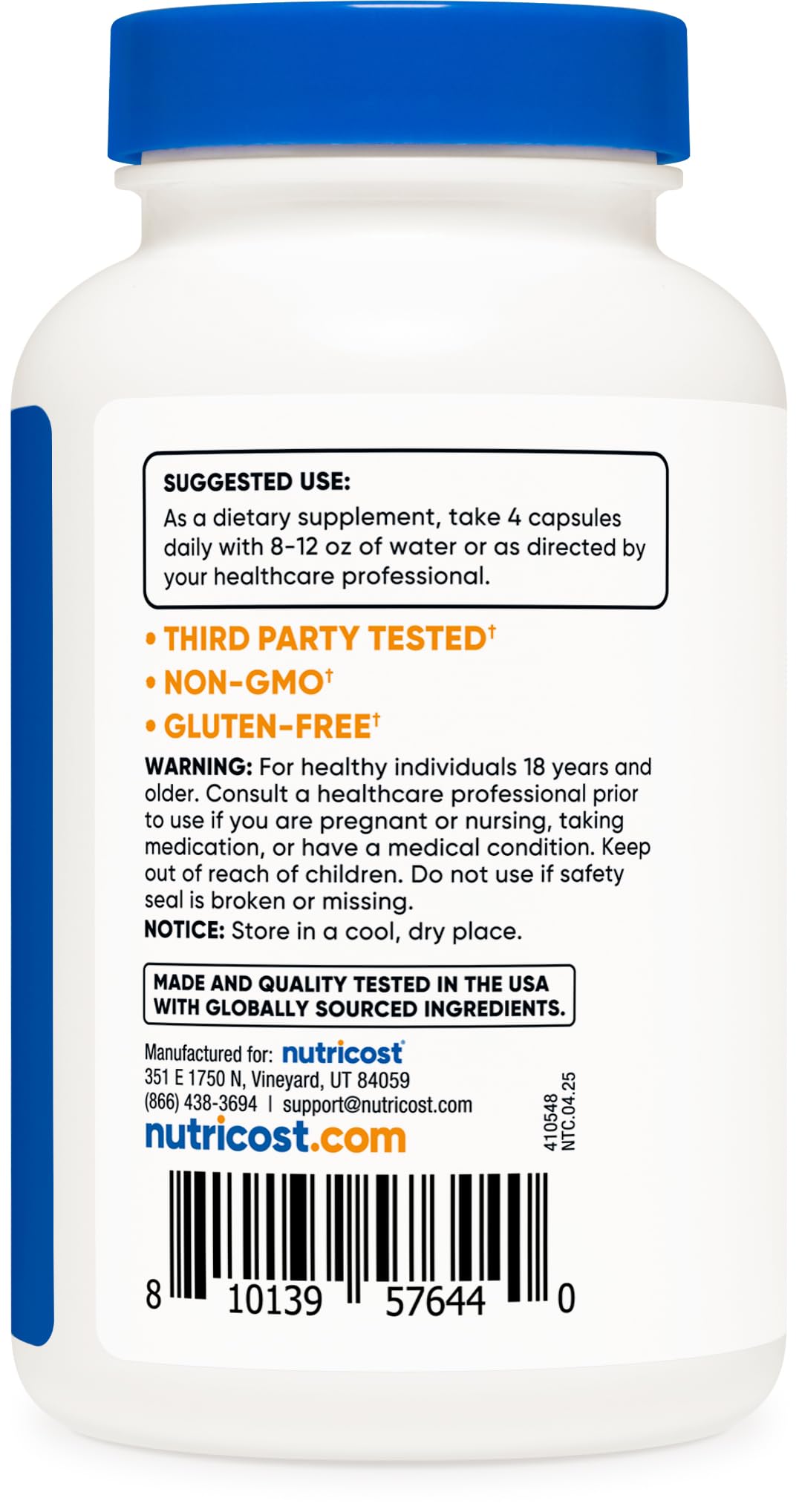 Nutricost product label close-up showing nutrition facts and quality claims