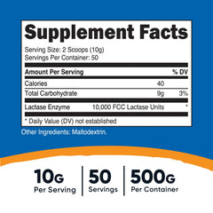 Nutricost Lactase Powder 500g bottle - back label