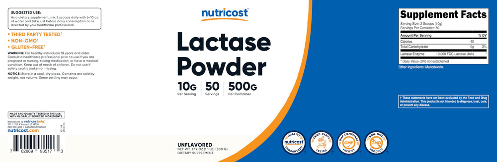 Close-up packaging for Nutricost Lactase Powder 500g