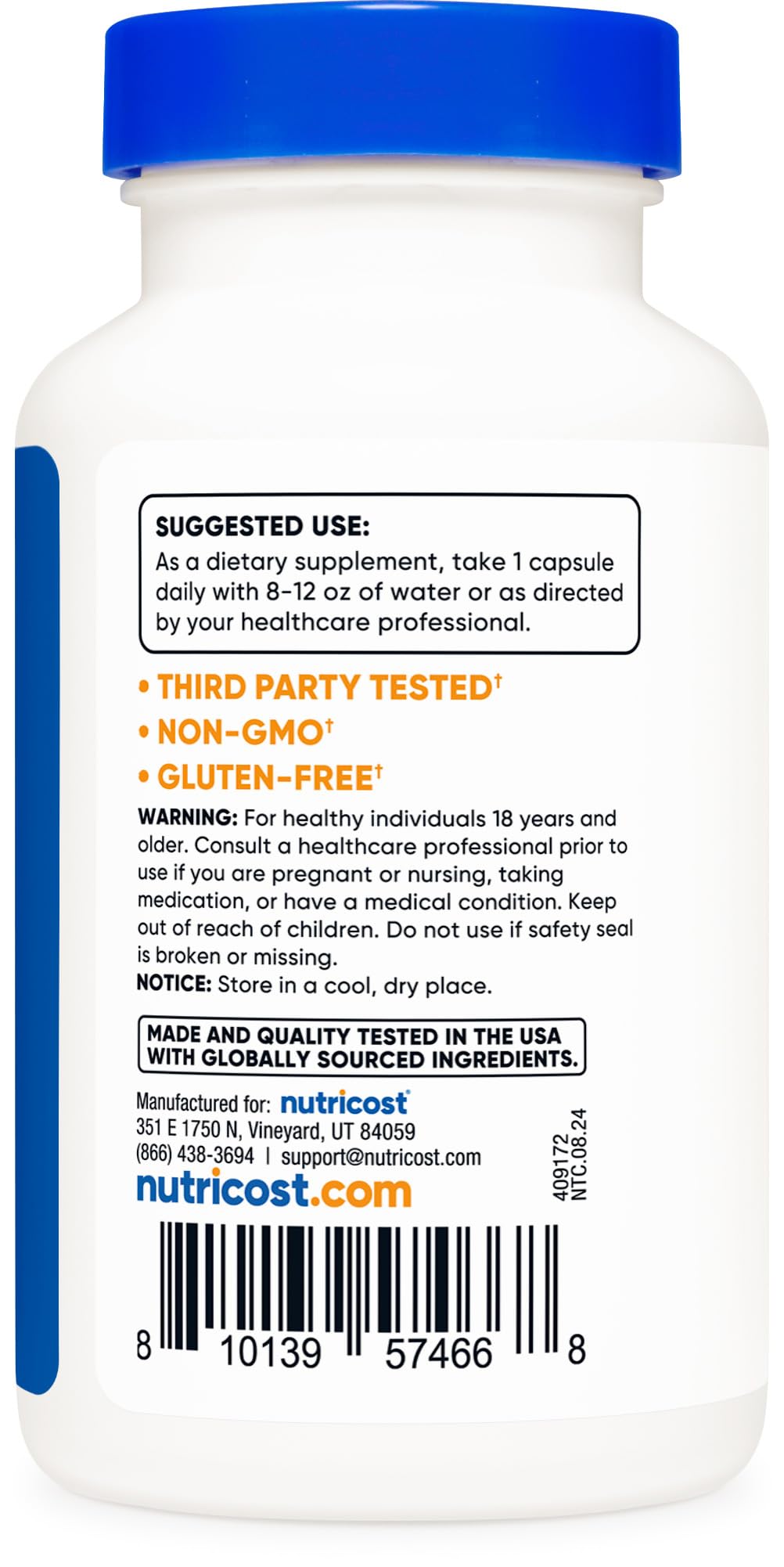 Side view of 120-capsule Nutricost bottle