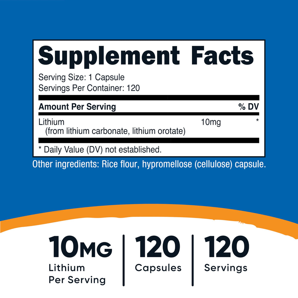 Close-up of Nutricost Lithium Orotate 10mg capsules