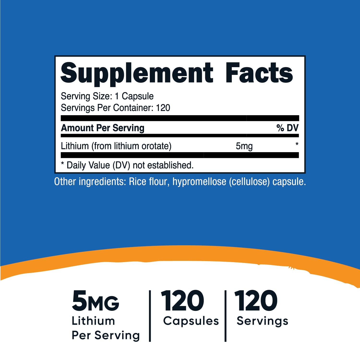 Close-up of Lithium Orotate 5mg per serving label