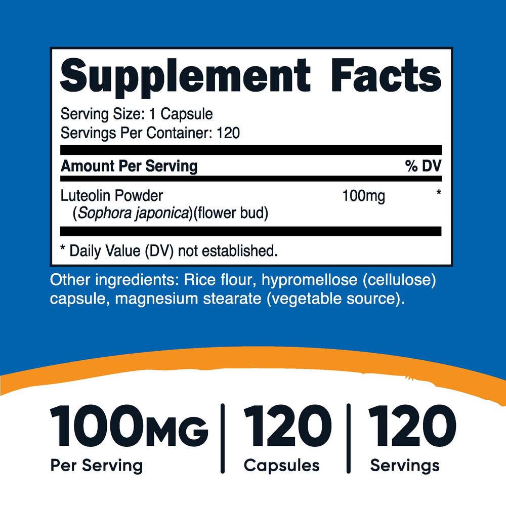 Supplement facts label for Nutricost Luteolin 100mg 120 capsules