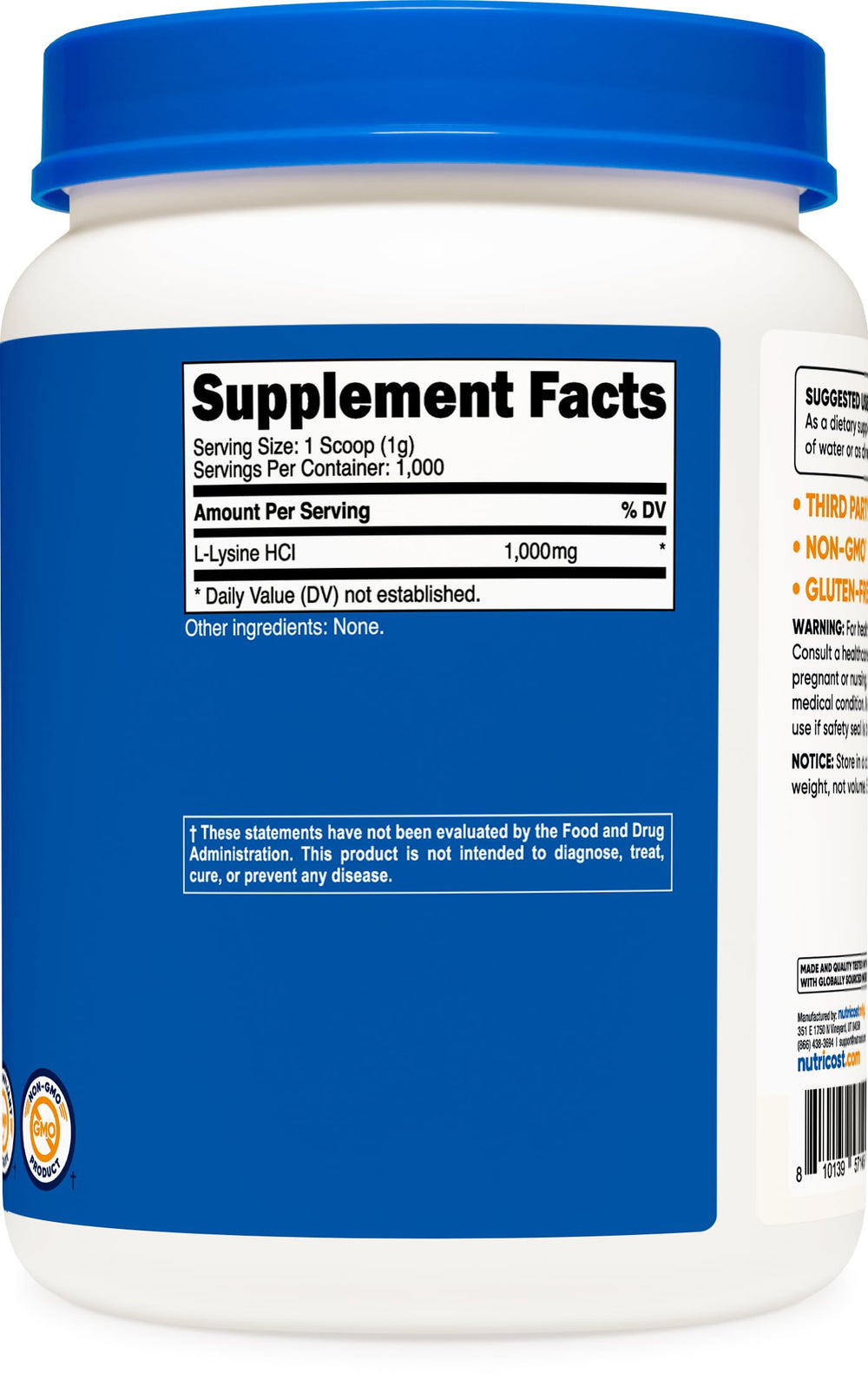 Ingredient label and quality testing certificates for Nutricost L-Lysine