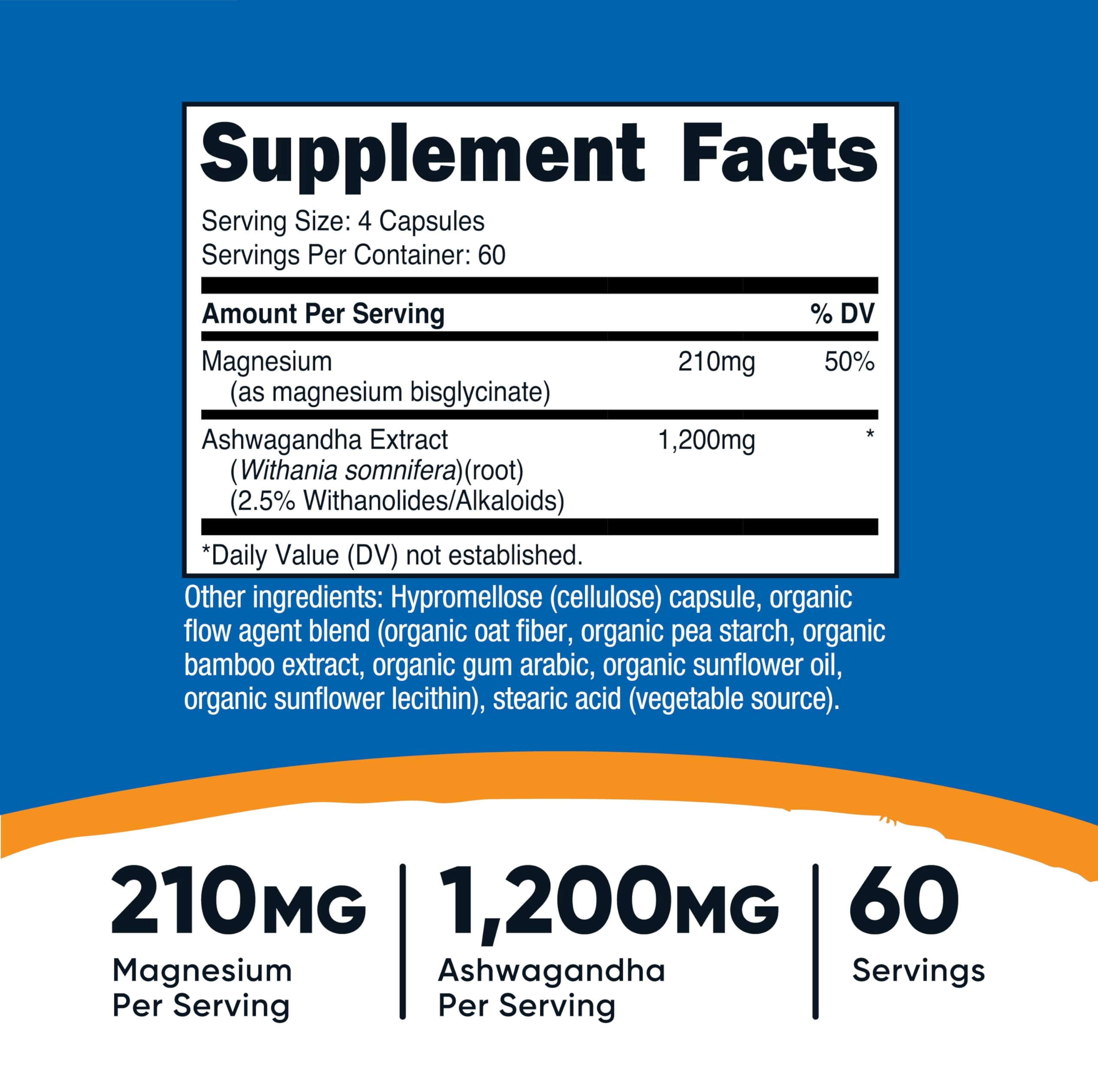 Nutrition label showing 210 mg Magnesium and 1,200 mg Ashwagandha per serving