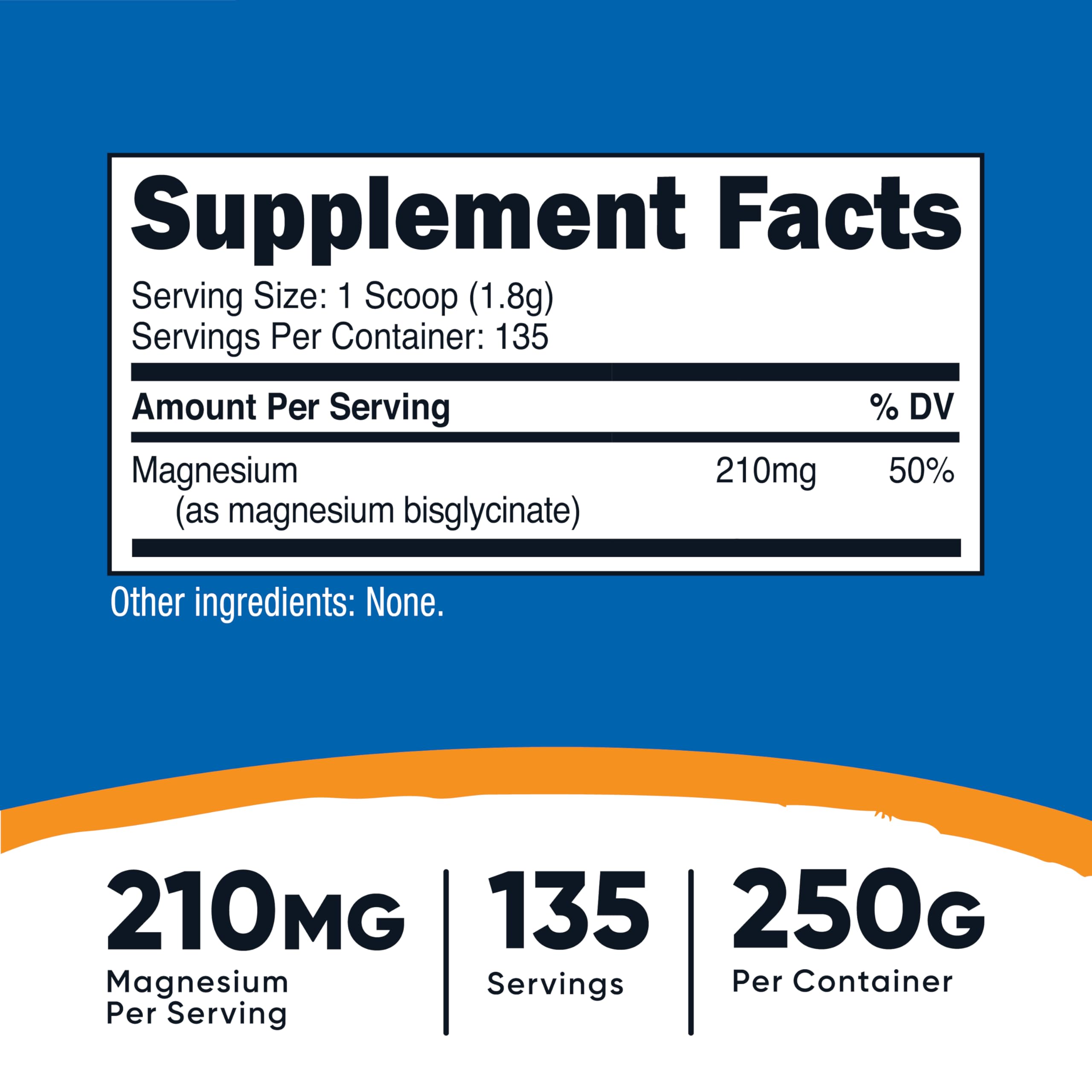 Nutrition label showing 210 mg magnesium per serving with scoop