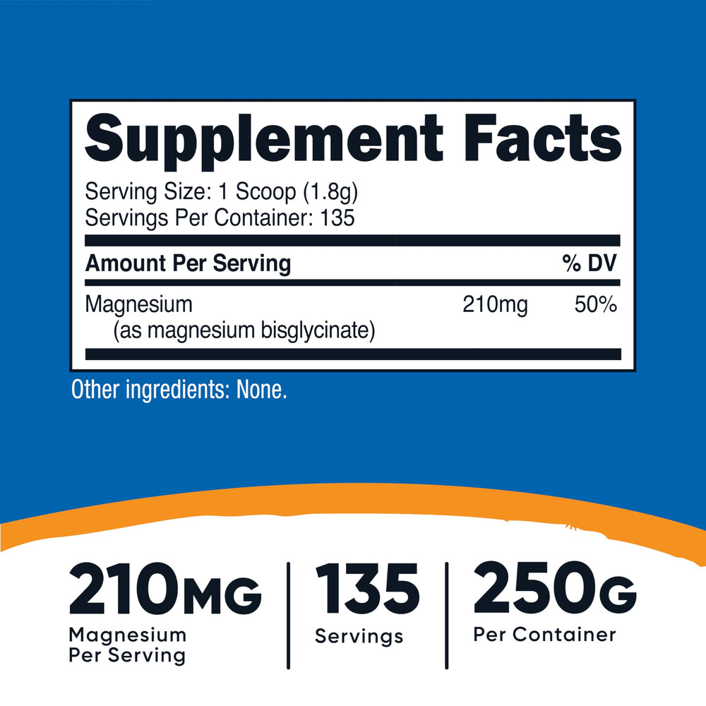 Nutrition label showing 210 mg magnesium per serving with scoop