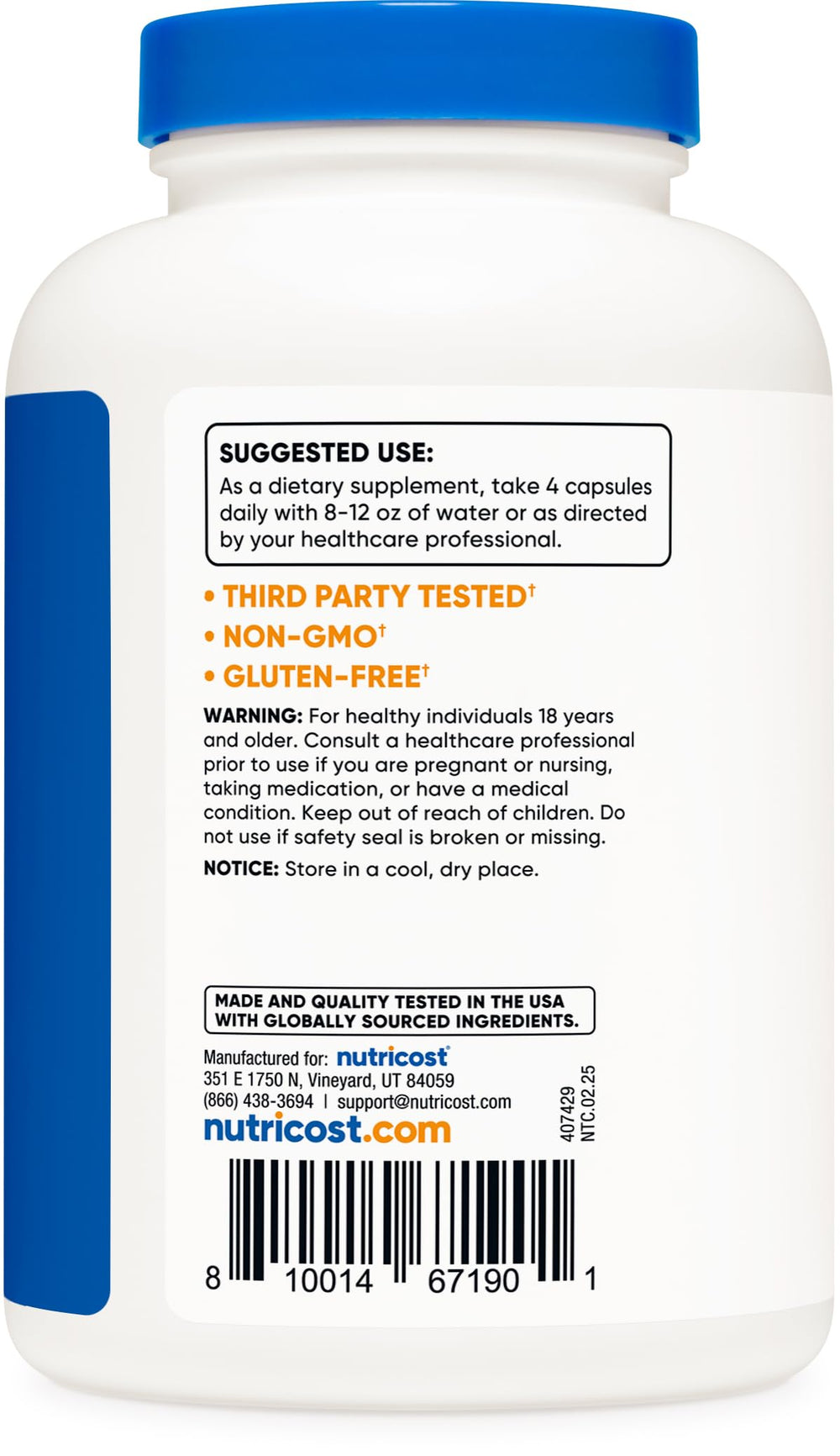 Nutrition label for Nutricost Magnesium Citrate 420mg 60 servings per bottle