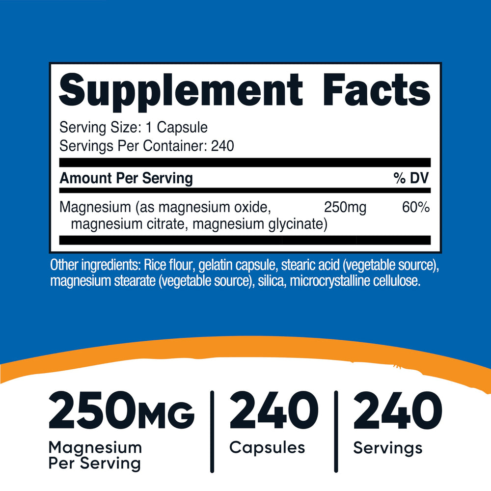 Front label showing 250 mg magnesium per serving