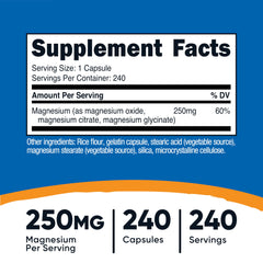 Front label showing 250 mg magnesium per serving