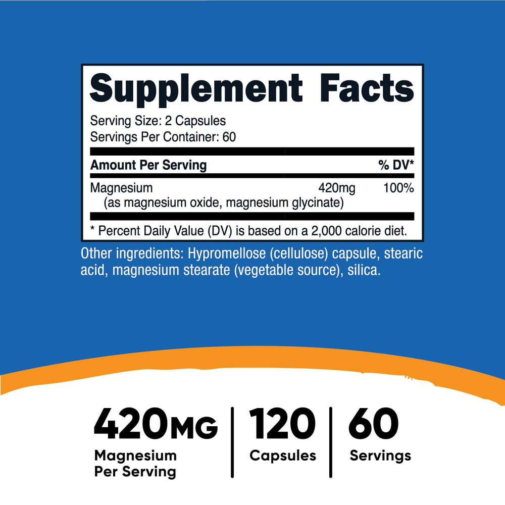 Close-up view of Nutricost Magnesium+ bottle showing 60 servings per bottle