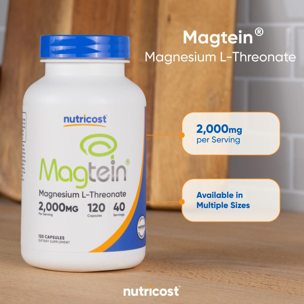 Side view of Nutricost Magnesium L-Threonate Magtein bottle