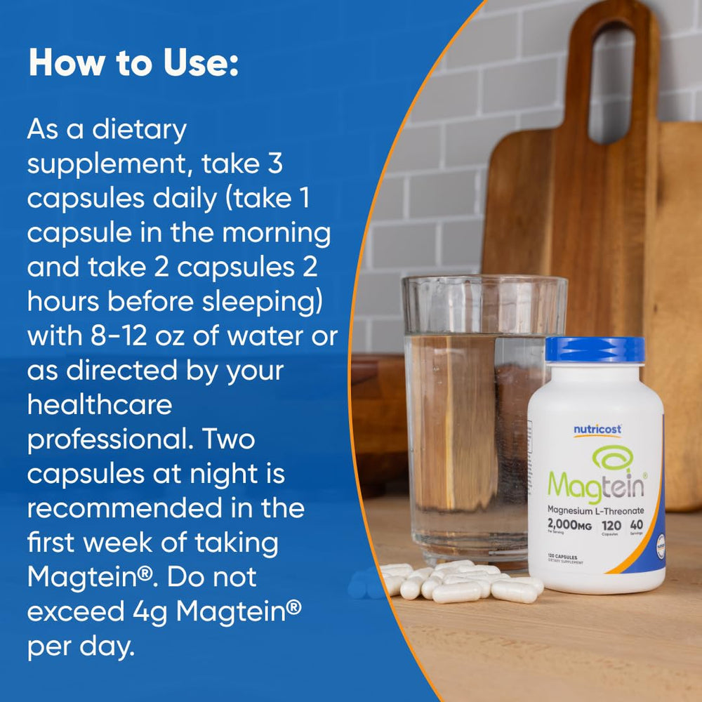 Back label with supplement facts on Nutricost Magtein bottle