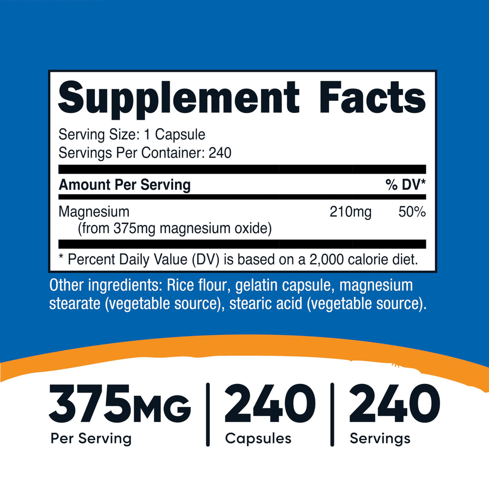 Close-up of Nutricost Magnesium Oxide 375mg bottle label