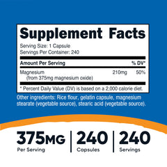 Close-up of Nutricost Magnesium Oxide 375mg bottle label