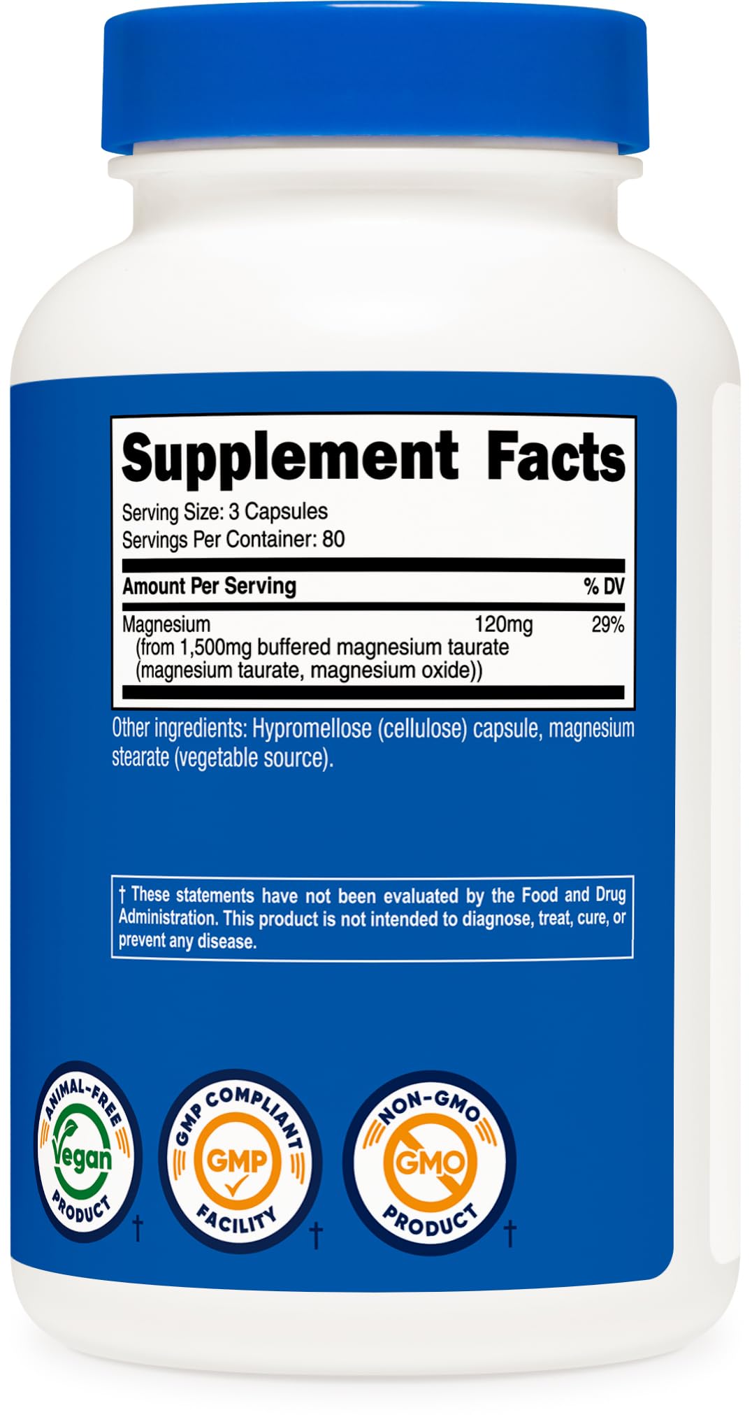 Gluten-free, non-GMO, vegan Nutricost Magnesium Taurate packaging