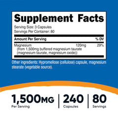 Close-up of Nutricost Magnesium Taurate label showing 1,500 mg per serving
