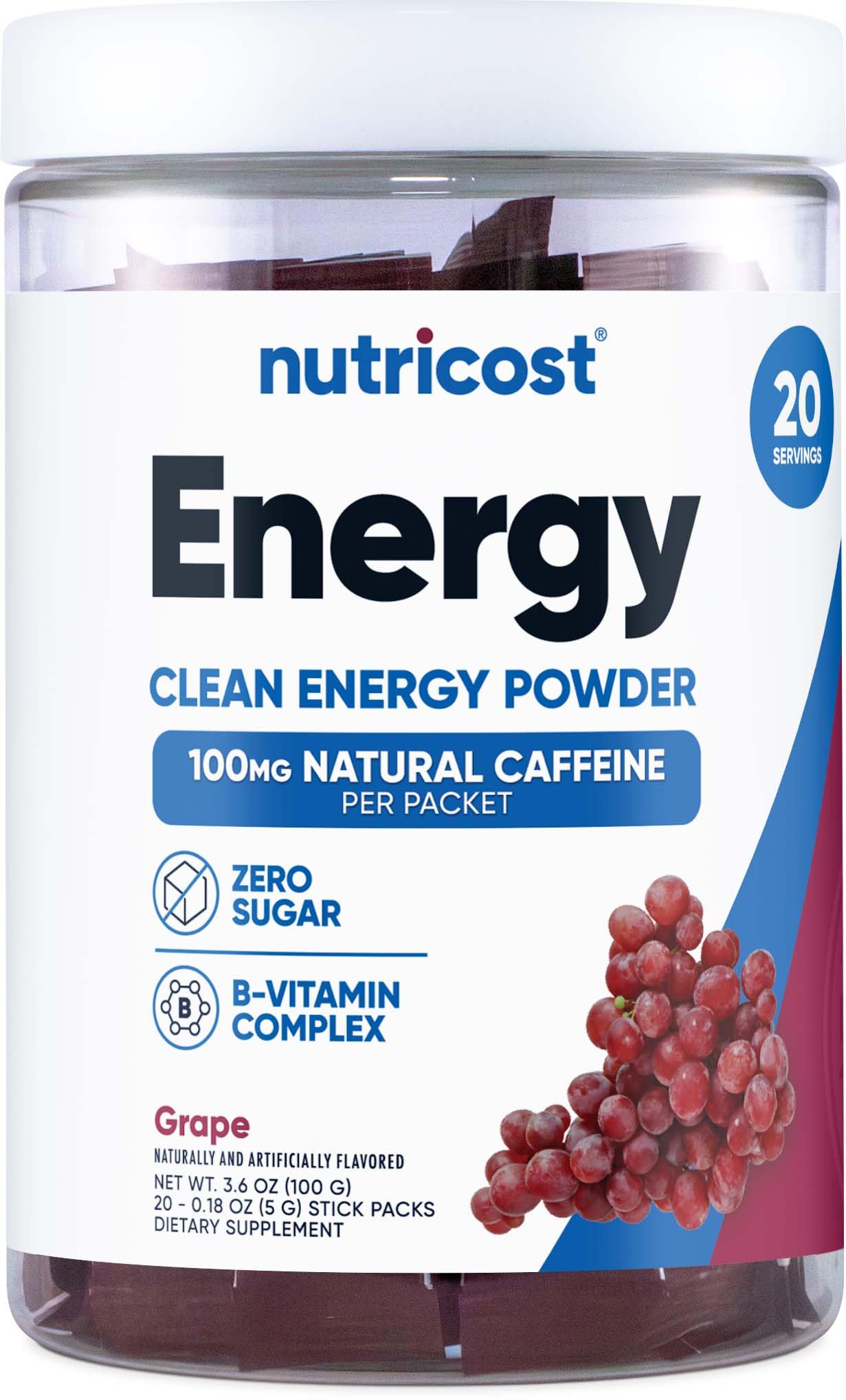 Nutricost Energía Complejo en bote, sabor manzana verde para energía rápida.