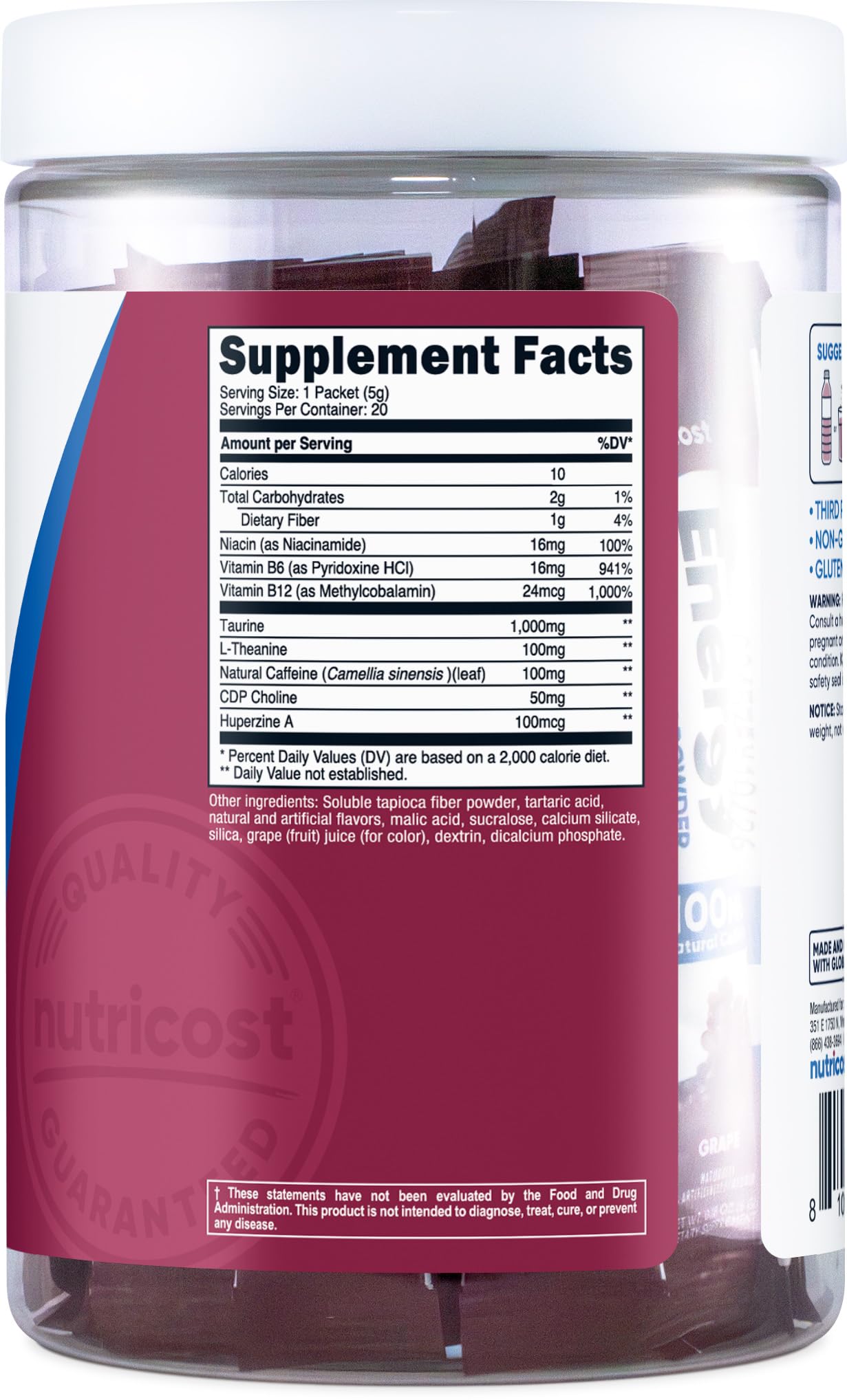 Nutricost Energía Complejo, ingredientes destacados para claridad nutricional.