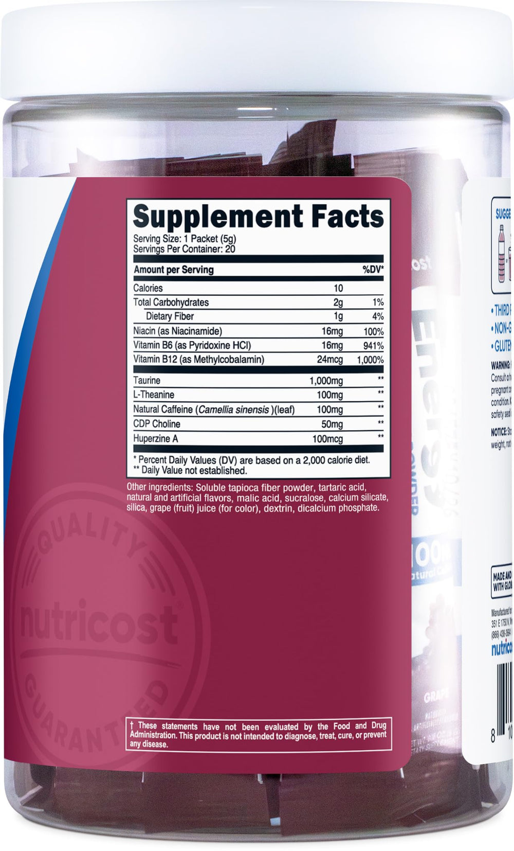 Nutricost Energía Complejo, ingredientes destacados para claridad nutricional.