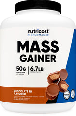 Nutricost Mass Gainer chocolate peanut butter bottle highlights high-protein nutrition for muscle support