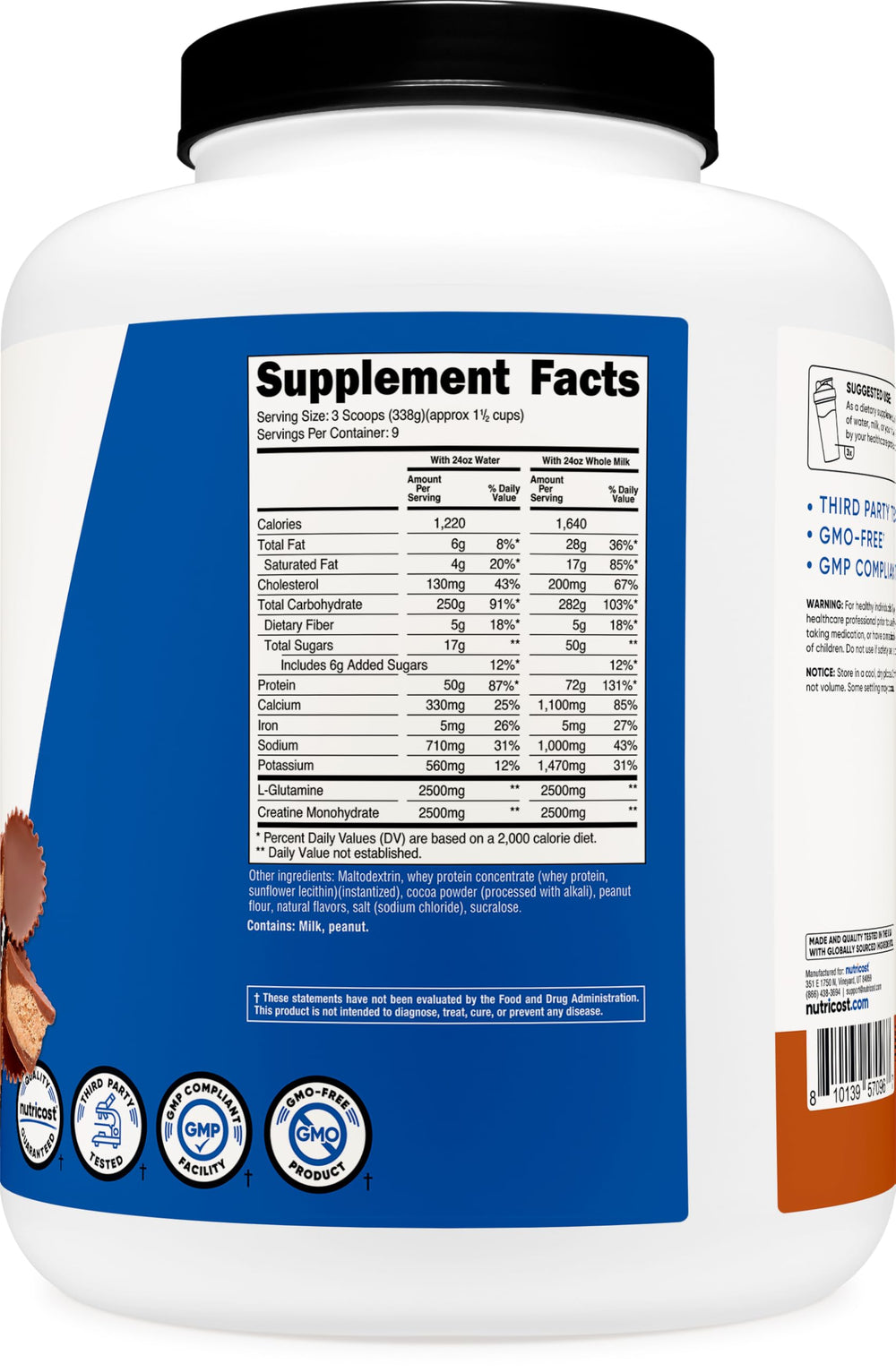 Nutricost Mass Gainer glutamine powder bottle suggests recovery-friendly amino acid support