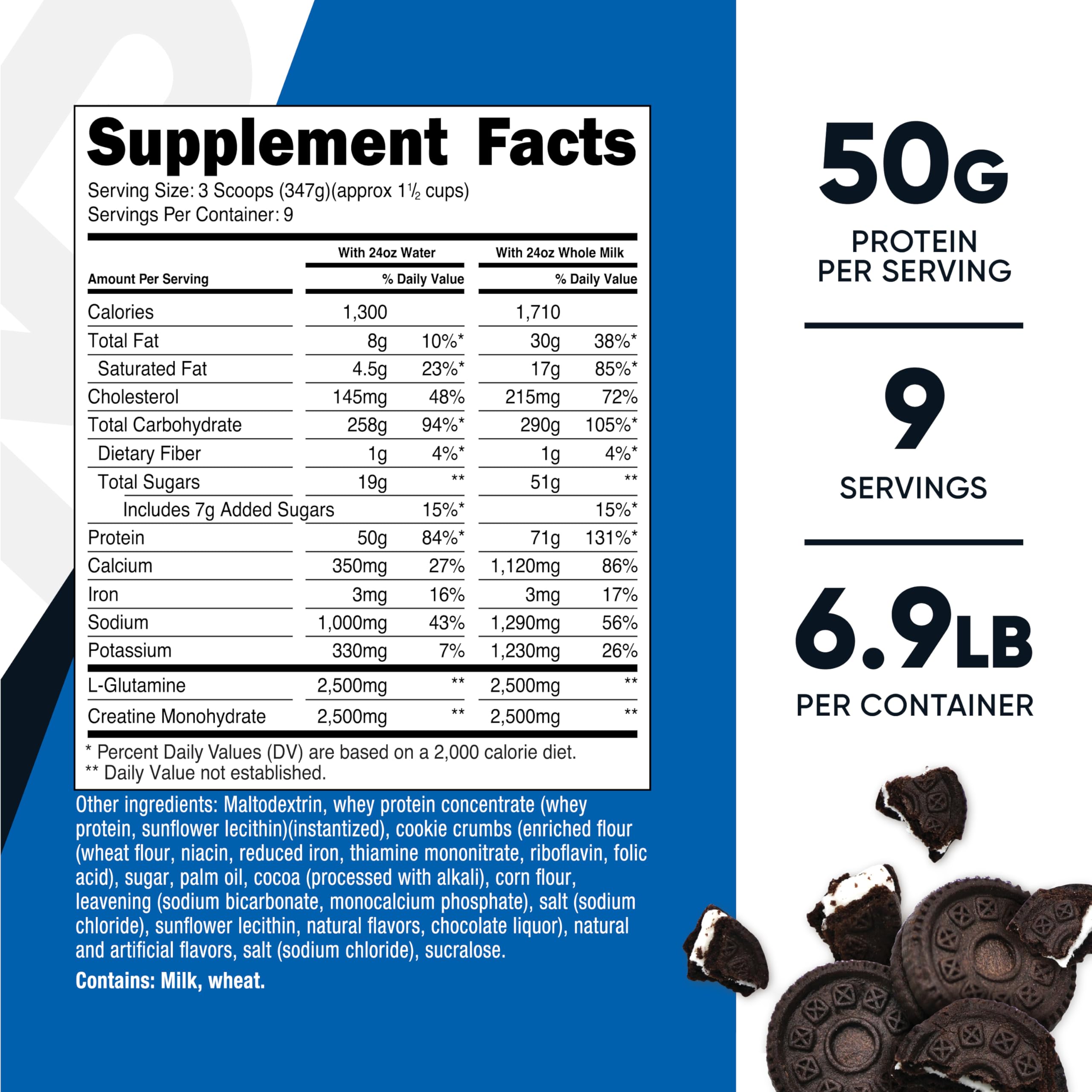 Nutricost Mass Gainer ingredients list shows whey protein, creatine, and L-glutamine for recovery