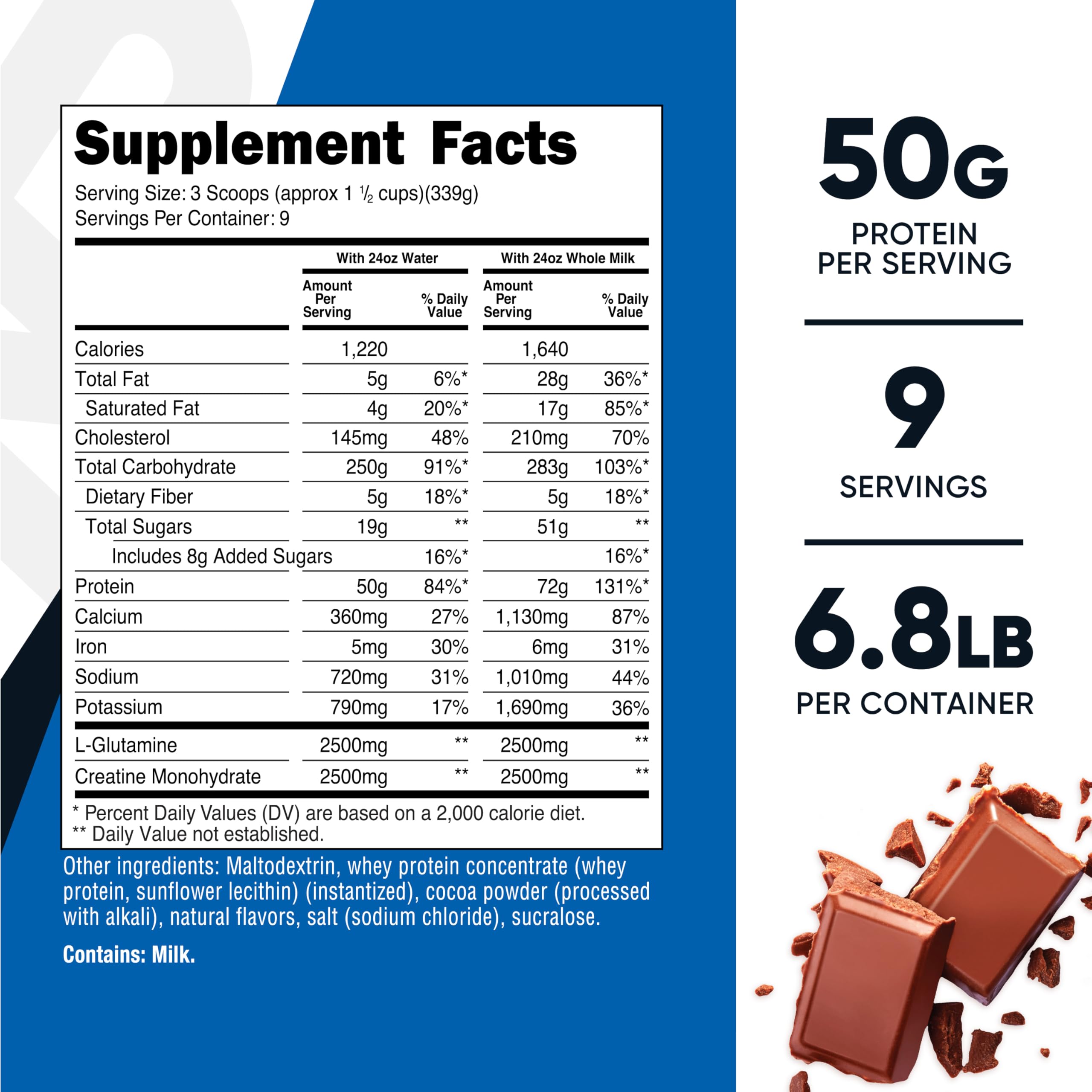 Nutricost Mass Gainer serving scoop showing 50g protein per serving