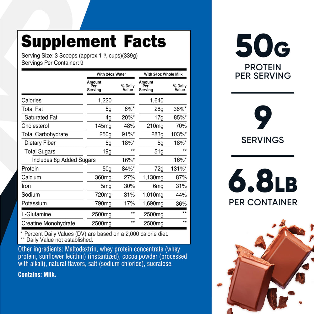 Nutricost Mass Gainer serving scoop showing 50g protein per serving