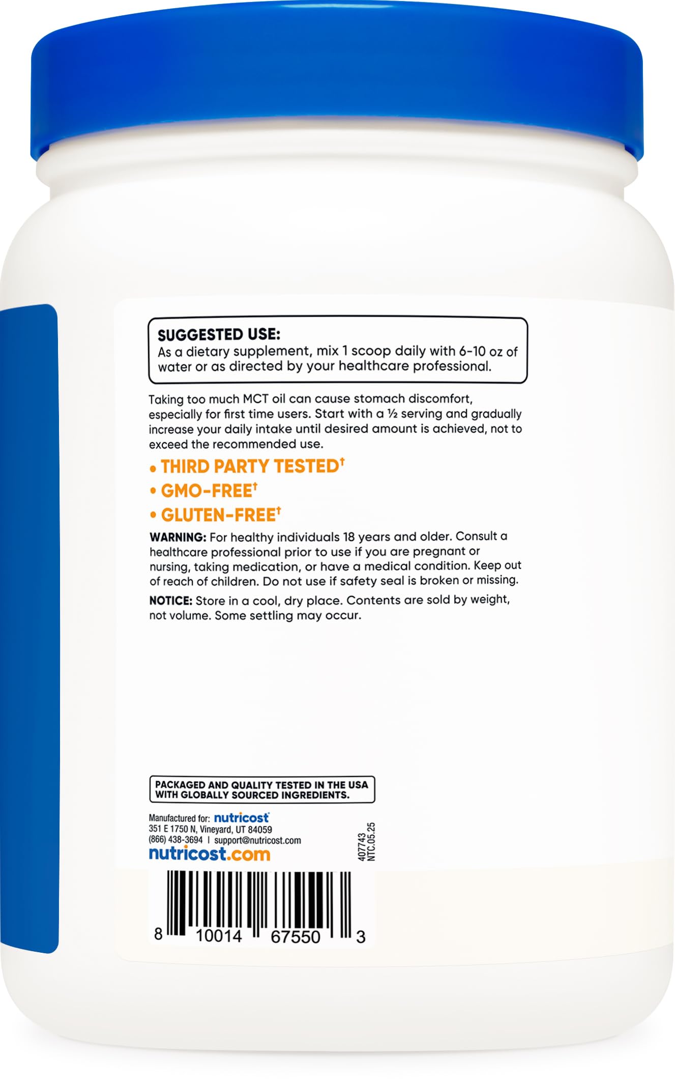 Nutrition Facts label for MCT powder