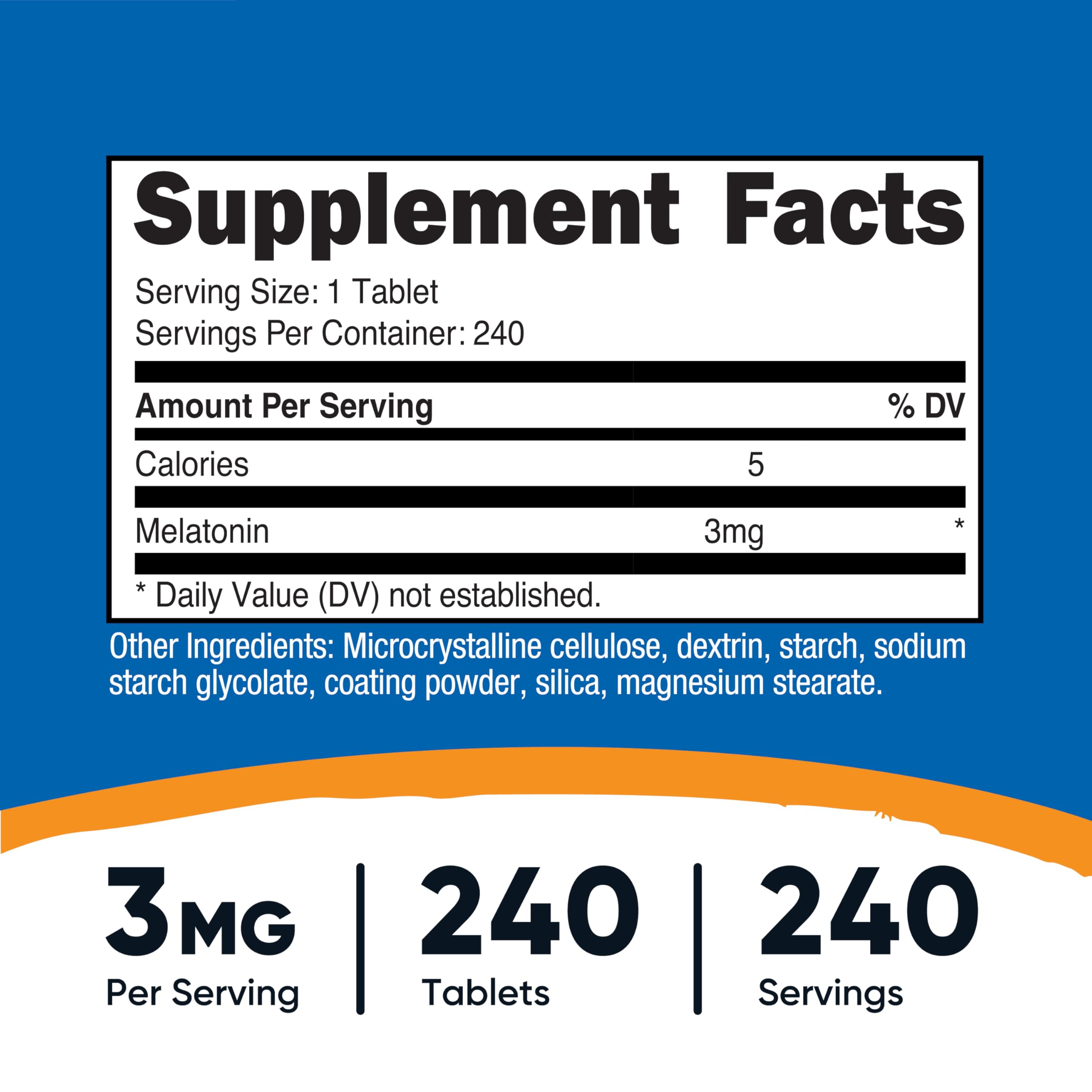 Nutricost Melatonin 3mg 240-tablet bottle - side label