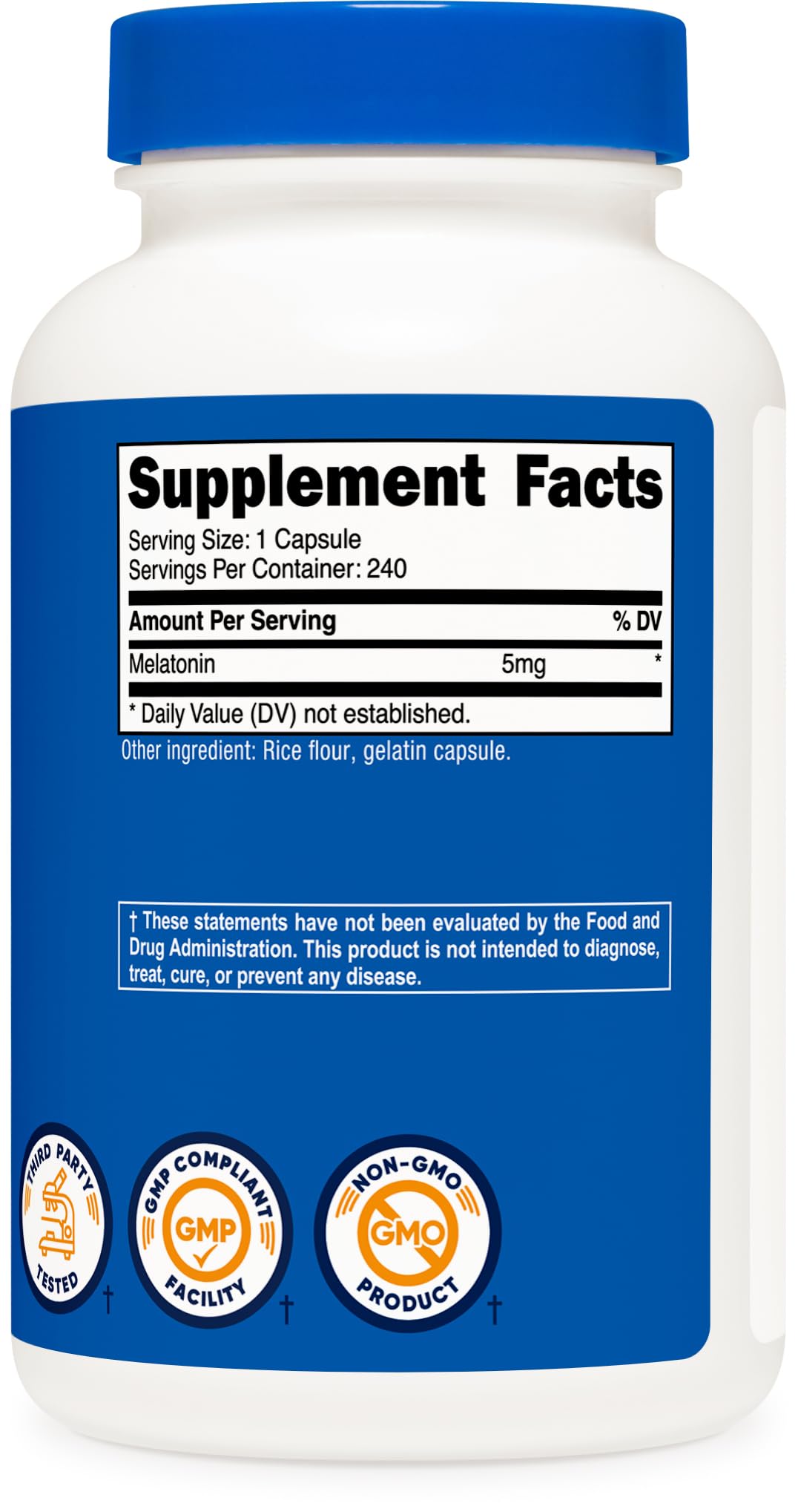 Flat lay of Nutricost Melatonin 5mg 240 capsules packaging